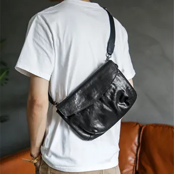 Повседневная высококачественная мужская сумка через плечо из натуральной кожи, дизайнерская роскошная уличная простая повседневная черная сумка через плечо из натуральной воловьей кожи