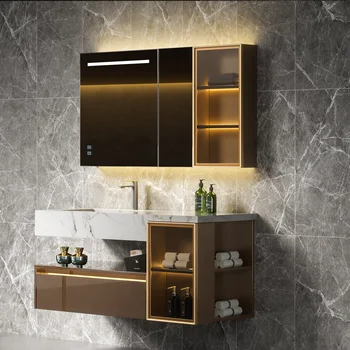 Роскошный Высококлассный шкаф для ванной комнаты Тщеславие с глянцевым спеченным камнем, раковина с бесшовным соединением и зеркальный шкаф с различными функциями
